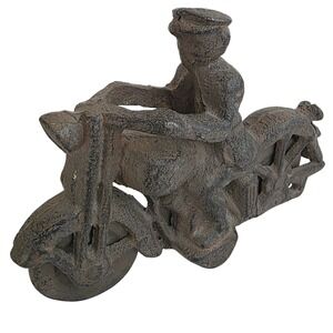 Vintage‎ Cast Iron Motorcycle with Rider Cop Policeman Figurine working wheels